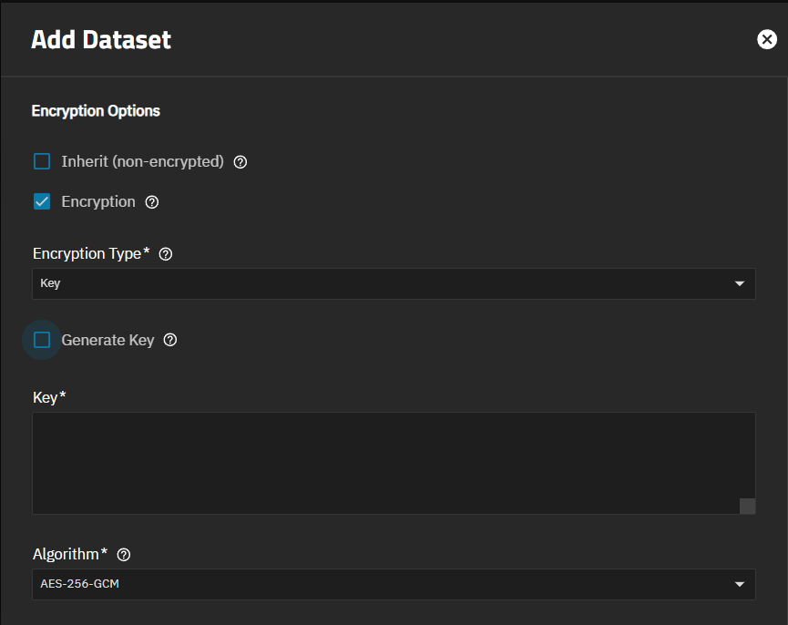 Add Dataset Encryption Options - Key Add Dataset Encryption Options - Key