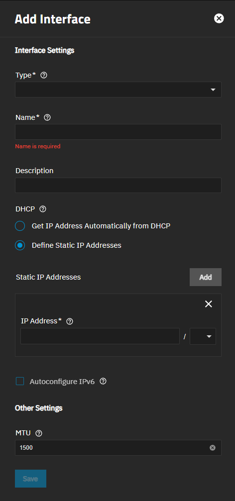Add Interface Screen Add Interface Screen