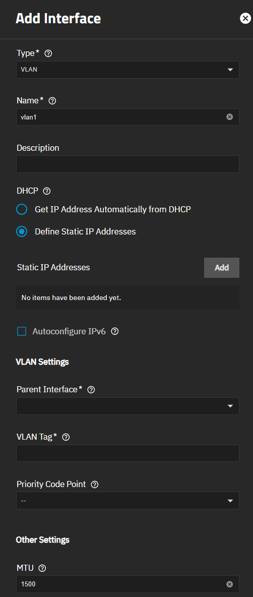 Add VLAN Interface Settings Add VLAN Interface Settings