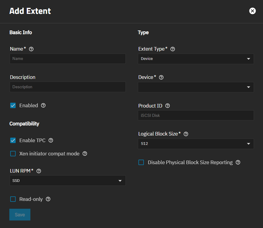 Add iSCSI Extent Device Type Add iSCSI Extent Device Type