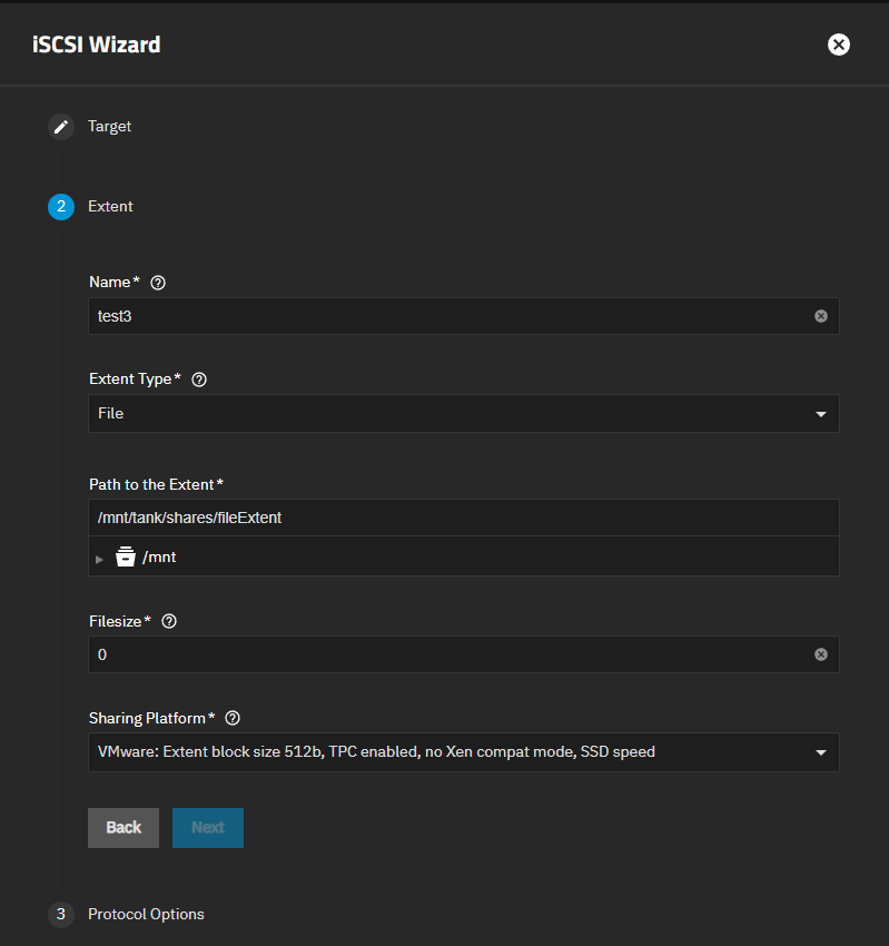 iSCSI Wizard Extent Screen File Settings iSCSI Wizard Extent Screen File Settings