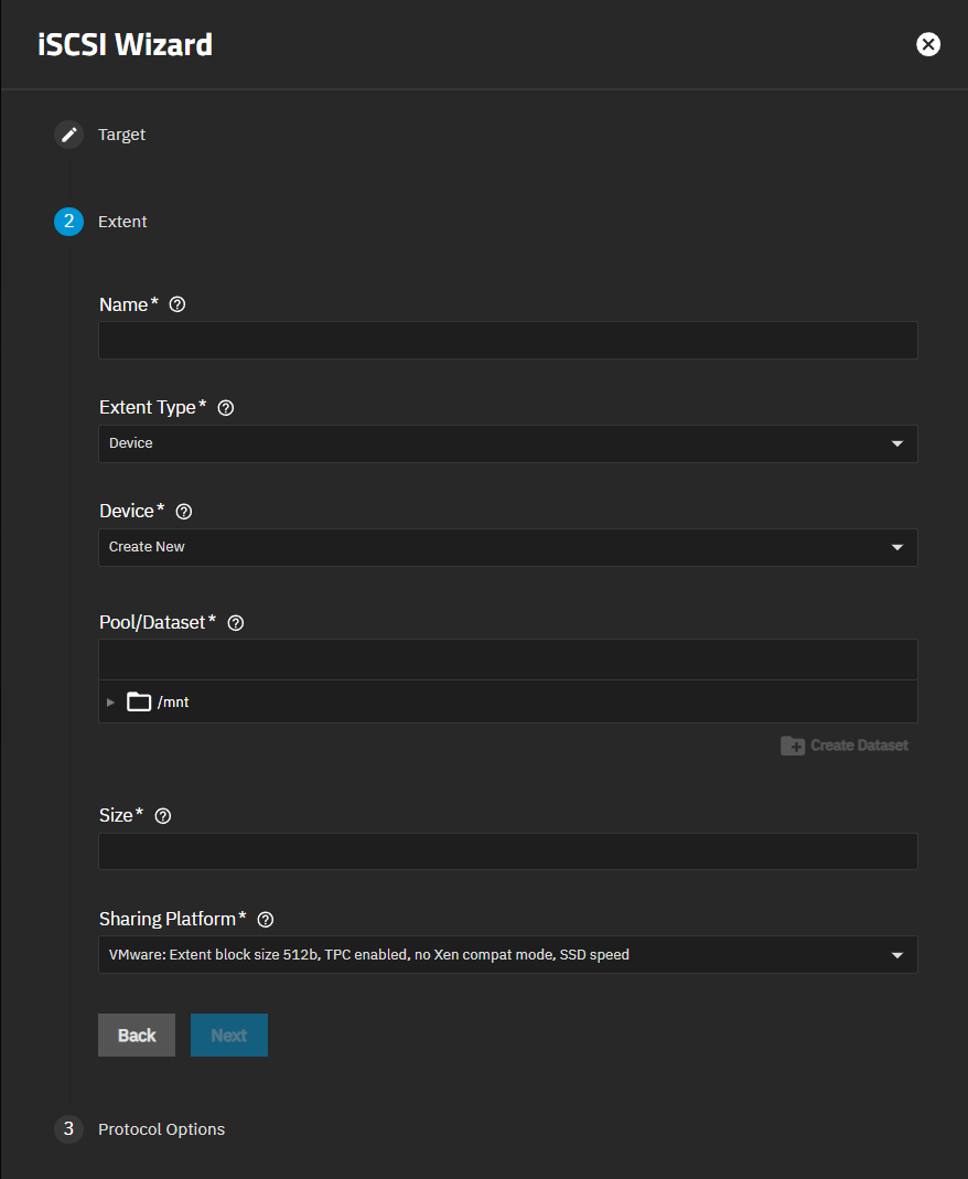iSCSI Wizard Extent Screen Devices Settings iSCSI Wizard Extent Screen Devices Settings