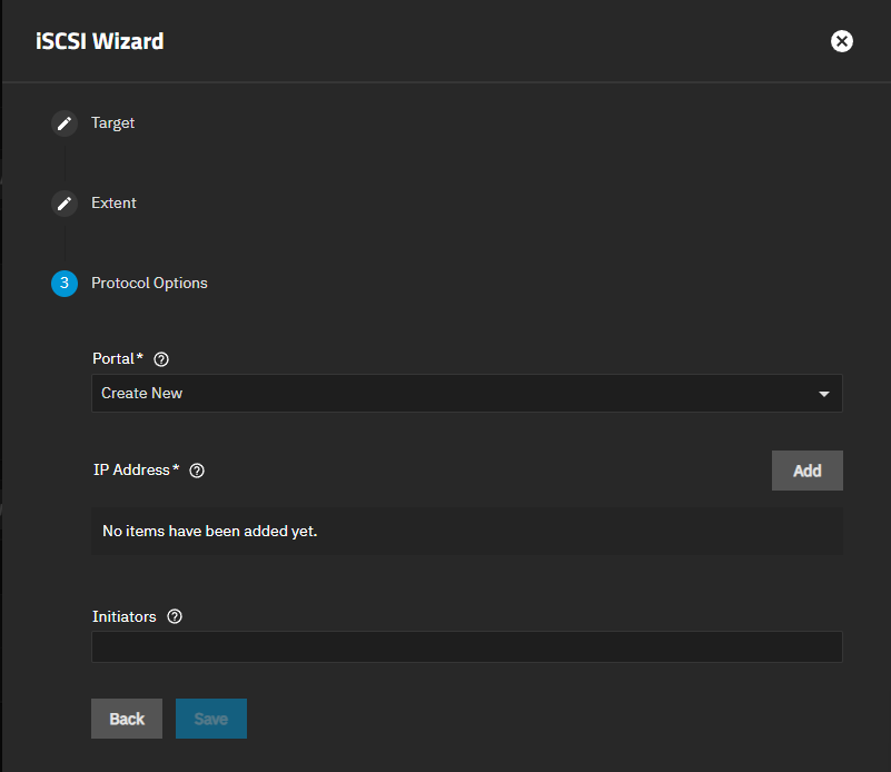 iSCSI Wizard Protocol Options Screen Portal Settings iSCSI Wizard Protocol Options Screen Portal Settings
