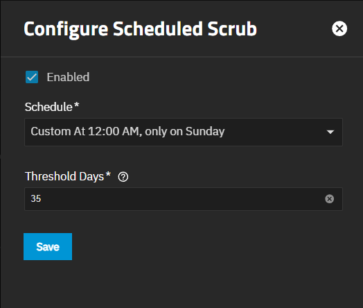 Configure Scheduled Scrub Screen Configure Scheduled Scrub Screen